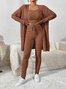 SHEIN Essnce Bộ 3 món áo hai dây gân trơn màu + áo khoác dài tay + quần buộc dây phía trước dành cho nữ - Màu nâu  Mocha - Xem 2