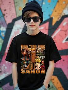 GraphicGems Tween Boys Funny Casual "Tung Tung Tung Sahur" Slogan Wooden Figurine Print Short Sleeve Round Neck T-Shirt, Italian Brainrot Graphic Tee, Tops - Black - View 2