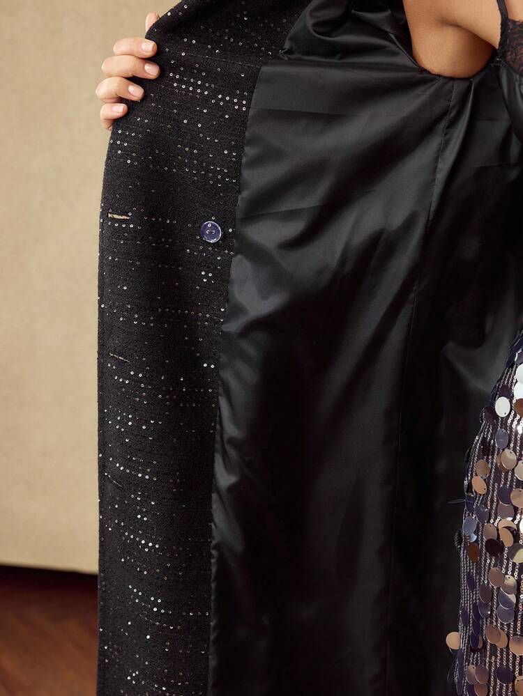 WOMEN'S SEQUIN EMBELLISHED TWEED LONG TRENCH COAT, AUTUMN/WINTER