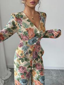 SHEIN Elenzya 女士优雅提花无弹力套装，秋冬 - 杏色 - 查看 3