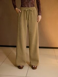 MOTF PREMIUM Pantalones rectos de cintura alta de chenilla, pantalones deportivos casuales para primavera, otoño e invierno - Caqui - Ver 4