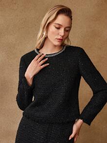 MOTF PREMIUM TWEED CONTRAST SEQUIN RHINESTONE TRIM BLOUSE - Black - View 5