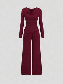 Sweetra 2 件套：休闲舒适弹力喇叭裤和长袖酒红色衬衫，秋冬 - 酒紅色 - 查看 3