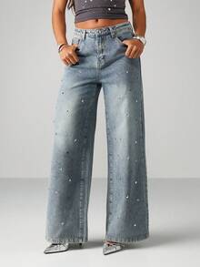 MISSGUIDED 阔腿高腰水钻铆钉牛仔裤 Y2K 时尚宽松个性牛仔裤节日派对闪亮装饰裤 - 淺色水洗藍 - 查看 1