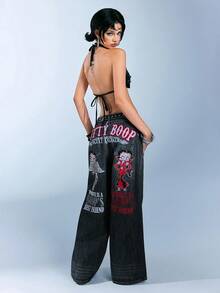 Betty Boop | ROMWE Y2K复古街头风 Betty & Letter 刺绣宽松低腰牛仔裤 - 藍色 - 查看 7