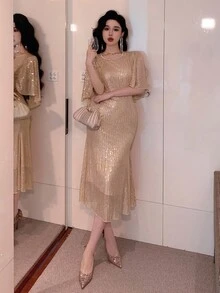 DAZY Elegant Sequin Ruffle Sleeve Round Neck Mermaid Midi Dress For Women Prom Dress Summer Women Dresses Sparkly Dress - Apricot - View 5