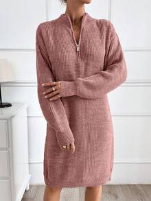 EURMUSE Women Plain Knit Design Knit Dress With Zipper Detail,Petite - Rusty Rose - View 3