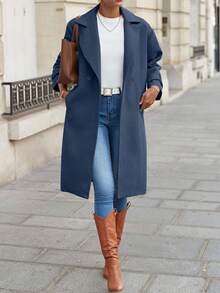 EURMUSE Women's Casual Solid Color Woolen Coat, Suitable For Commuting In Autumn/Winter - Dusty Blue - View 6