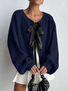 EURMUSE Solid Color Knotted Bow Thick Knit Long Sleeve Cardigan,Cardigans For Women,Petite Cardigans,Cardigans - Navy Blue - View 4