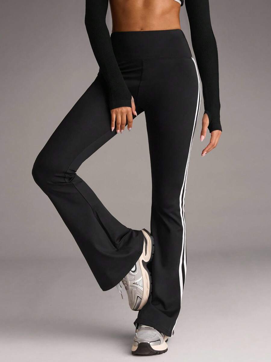 SHEIN BAE Women's Side Striped Casual Flared Sports Pants - Black - View 1