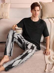Manfinity Underwear&Sleepwear Basics Conjunto de pijama para hombre, ligero de manga corta y pantalón largo, conjunto de pijama suave y cómodo con bolsillos, otoño/invierno - Multicolor - Ver 1