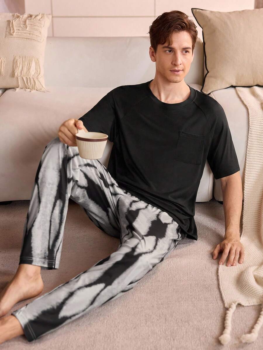 Manfinity Underwear&Sleepwear Basics Conjunto de pijama para hombre, ligero de manga corta y pantalón largo, conjunto de pijama suave y cómodo con bolsillos, otoño/invierno - Multicolor - Ver 1