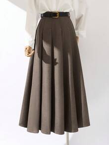 Sweetra Autumn/Winter Elegant Warm Brown Pleated A-Line Skirt, Flattering Fit With Belt Accent, Unique Design Sense Women's Skirt - Brown - View 1