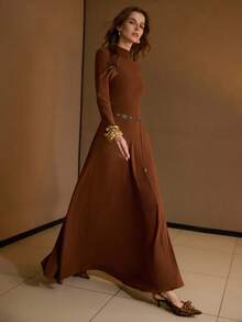 MOTF PREMIUM VESTIDO DE MANGA LONGA COM DECOTE SIMPLES - Castanho - Ver 3