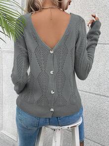 EMERY ROSE Women's Casual V-Neck Cutout Design Dropped Shoulder Long Sleeve Sweater, Autumn/Winter