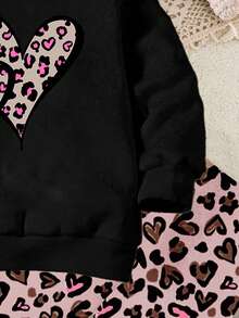 SHEIN 秋季气息，豹纹心形图案，黑色，年轻女孩休闲圆领长袖运动衫和紧身裤两件套，适合秋冬 - 彩色 - 查看 5