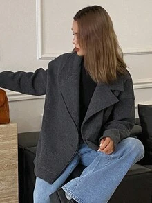 Livesso 女士休闲日常通勤落肩宽松翻领拉链夹克，秋季女式外套 - 灰色 - 查看 2