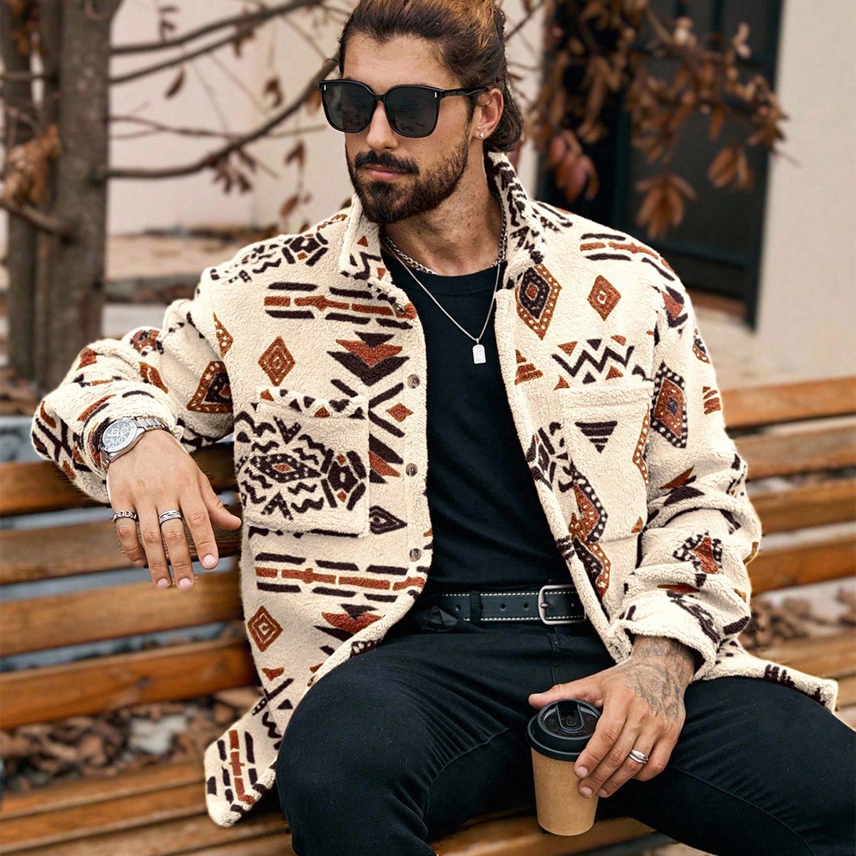 Chaqueta con bolsillo y botones con estampado geométrico para hombres, para otoño/invierno, regalo para novio, chaqueta de invierno cálida, ropa de