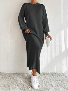 EURMUSE Women Solid Drop Shoulder Split Side Sweater Dress - Dark Grey - View 3