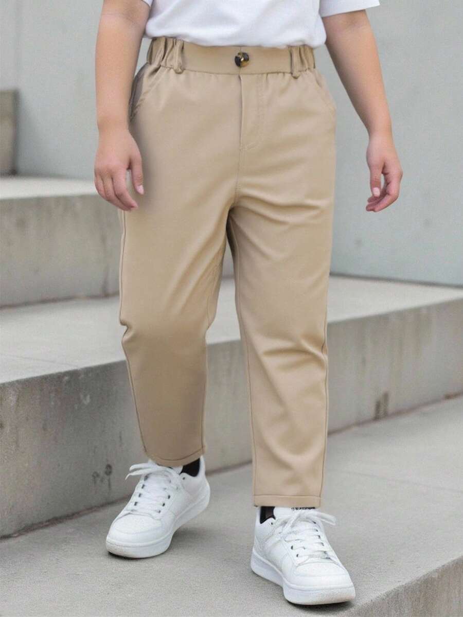 Souflis Souflis Young Boy's Casual Solid Color Pants With Single Button Decor And Angled Pockets, Elastic Waist Design, Versatile For Daily Wear, Travel, Party, Holiday, School, Campus, College - Khaki - View 1