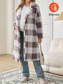 SHEIN Maternity Casual Plaid Regular Jacket, Autumn/Winter - Khaki - View 3