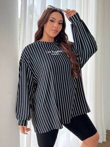 SHEIN EZwear Plus Size Women Letter Embroidery Striped Casual Long Sleeve T-Shirt Dress, Basic Loose Fit Plus Size Tee Top For Daily Commute, Sports, Campus