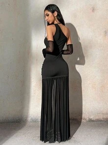 Ardnt Y2K Winter Fall Halloween Party Cosplay Costume Gothic Punk American Baddie Style One-Shoulder Asymmetric Design Halter Neck Ruched Waist Mesh Patchwork Bodycon Women Long Dress