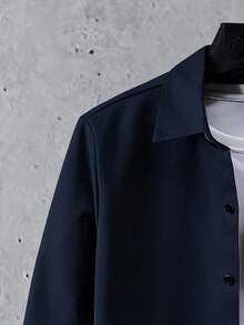 Manfinity Homme Men's Solid Color Long Sleeve Single-Breasted Shirt And Pants Casual 2 Pieces Set, Autumn Men Navy Blue 2 Piece Set Mens Co Ord Set Men 2 Piece Set Men Casual Sets Men Long Sleeve 2 Piece Set