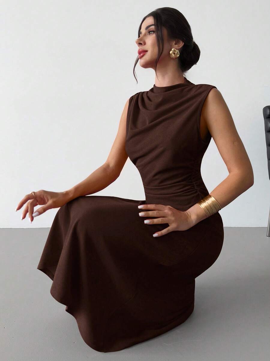 Firerie 女士优雅简约精致浪漫甜美日常通勤婚礼派对音乐节度假褶皱 A 字迷你连衣裙，红色吊带背心 - 咖啡棕 - 查看 1