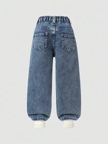 少女 Y2K 街頭日常彈性腰直筒牛仔褲，附平口袋，秋季日常 OOTD - 深色水洗藍 - 查看 3