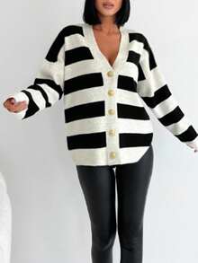 EURMUSE 條紋圖案落肩袖開襟衫