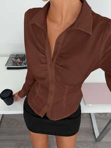 Siren Gaze 女式纯色褶饰纽扣长袖衬衫 - 咖啡棕 - 查看 5