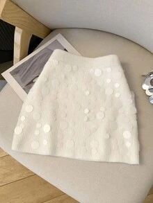 Swim Mod Women's Handmade Sequin Elastic Waist Knit Skirt, Casual Chic Style Cream Skirt White Short Skirt White Knit Skirt Bubble Skirt