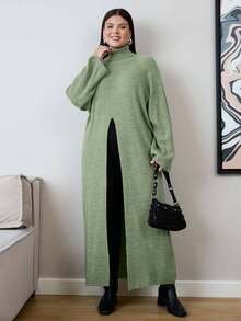 EURMUSE Suéter de manga larga con cuello alto y manga raglán para mujer de talla grande con bajo dividido - Verde - Ver 6