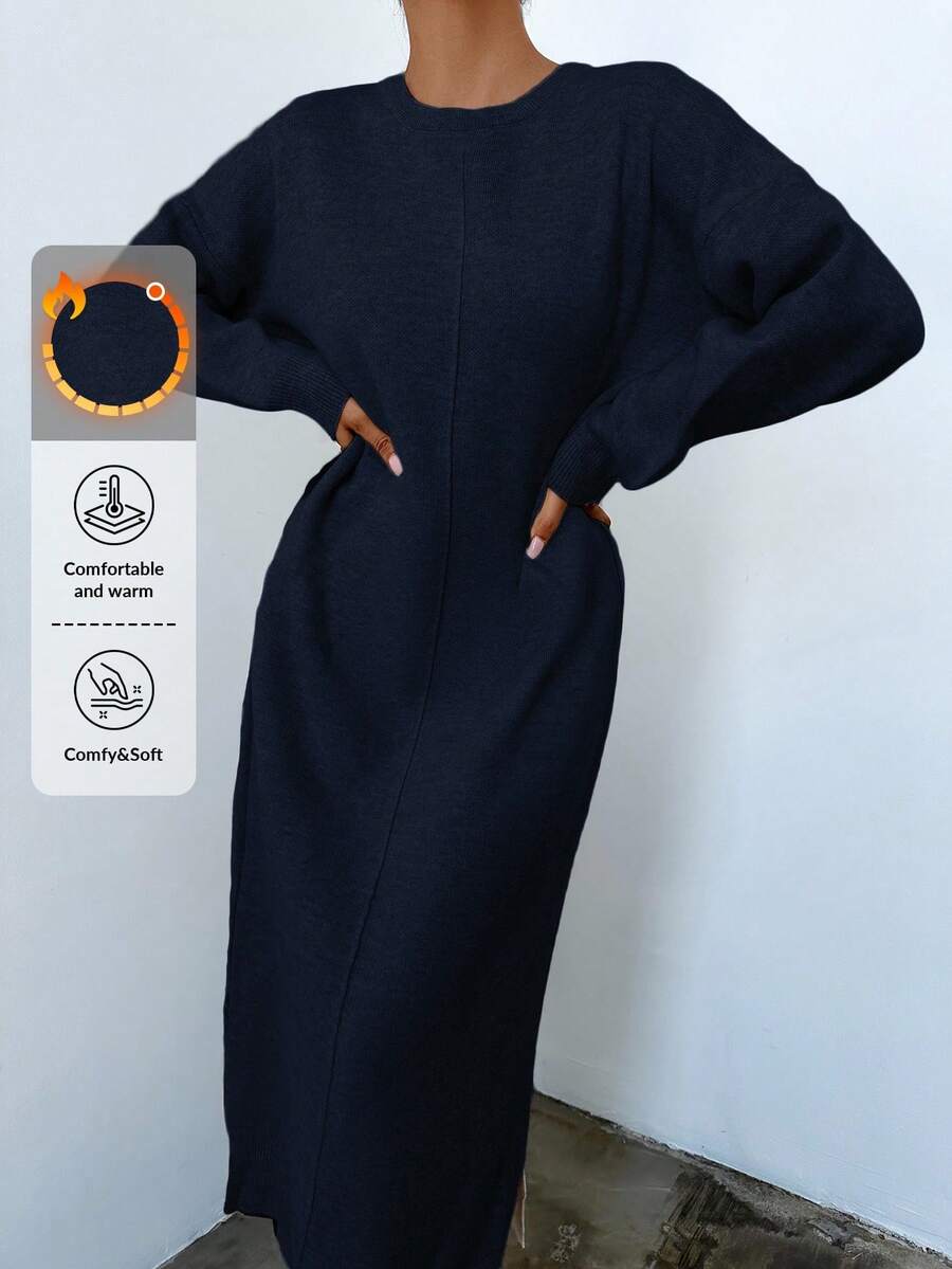 EURMUSE Women's Solid Color Crew Neck Casual Long Sleeve Sweater Dress - Navy Blue - View 1