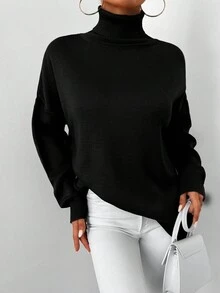 EURMUSE 女式纯色高领落肩长袖休闲毛衣，秋冬 - 黑色 - 查看 4