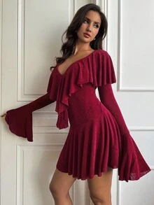 SHEIN BAE Robe d'été élégante à col V profond, manches longues, ourlet à volants, couleur bordeaux. Convient pour les fêtes, cocktails, occasions formelles, demoiselle d'honneur, anniversaire, Noël, Halloween - Rouge foncé - Voir 5
