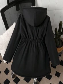 Sparklyn Áo khoác dài vừa phải có mũ trùm đầu, thắt eo, lót nhiệt, đệm cho bé gái tuổi teen, dáng rộng, thoải mái khi mặc hàng ngày, đi làm, đi chơi và chụp ảnh - màu đen - Xem 2
