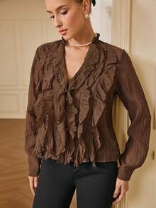 Chiquease Lightweight Ruffle Trim V-Neck Loose Blouse For Women - Coffee Brown - View 6