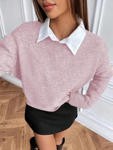 SHEIN 休闲风格纯色圆领针织长袖毛衣 - 粉色 - 查看 5