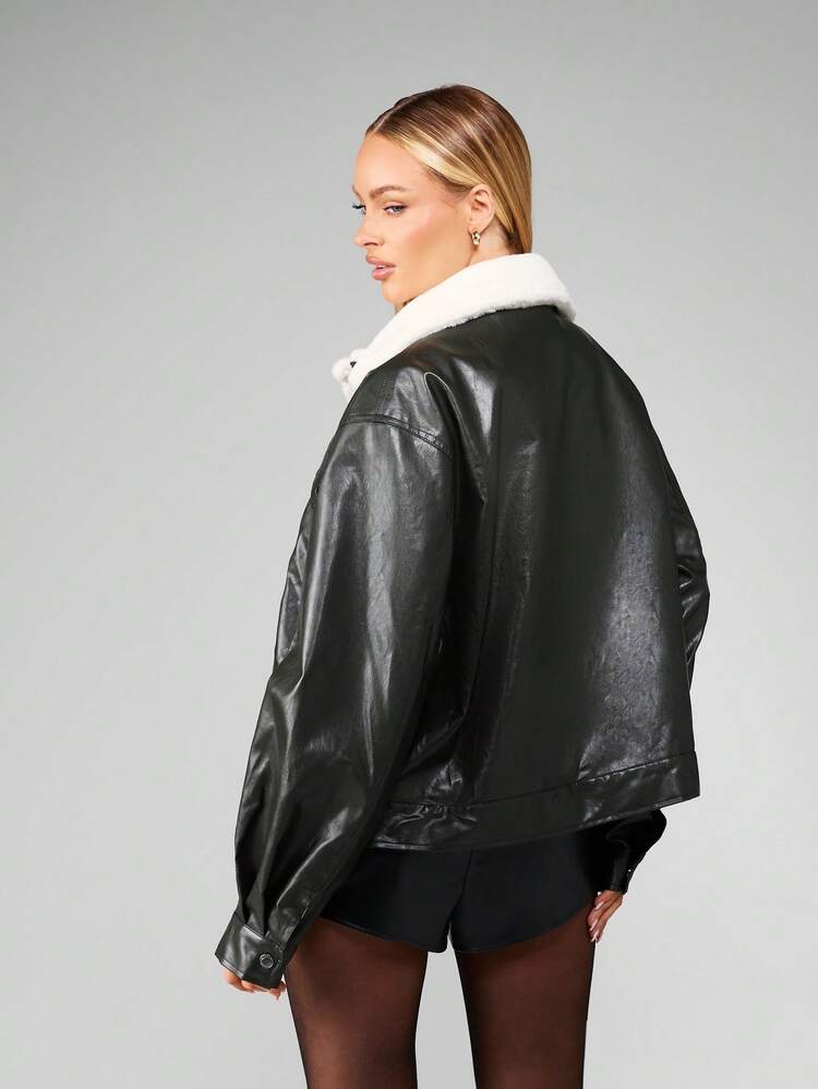 MISSGUIDED Winter Biker Trucker Jacket With Plush Sherpa Collar Faux Leather Oversized Statement Outerwear Fall Fashion High Fashion Streetwear Motorcycle Cold Weather