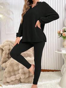 1 Set Women Solid Color Textured Half-Zip Long Sleeve Top And Pants Loungewear Set, Winter Clothes - Black - View 3