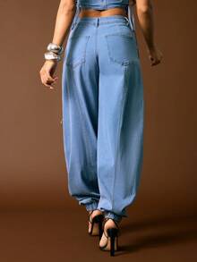 Vixey 缝线细节弹力牛仔高腰哈伦裤 - 淺色水洗藍 - 查看 4