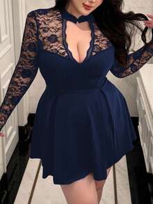 Vibekara 加大码 V 领旗袍领扣蕾丝透明花卉装饰长袖高弹优雅拼接 A 字及膝黑色度假派对鸡尾酒会连衣裙女士 - 藏蓝色 - 查看 5