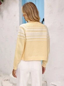 Vivid Eden Women's Geometric Pattern Raglan Sleeve Single-Breasted Casual Knit Cardigan Autumn Winter Clothes For Women - Yellow - View 2