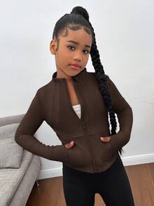 SHEIN Tween 女童拉链轻便运动夹克，修身运动外套，适合跑步、健身、瑜伽秋冬服装 Girlomen