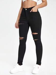 SHEIN EZwear Black Slant Pocket Ripped Skinny Jeans - Black - View 5