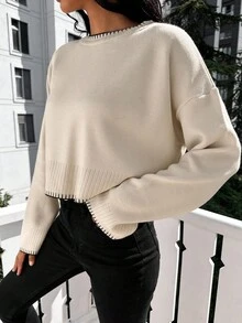 EURMUSE Solid Drop Shoulder Sweater - Beige - View 3