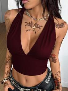 SHEIN EZwear Áo hai dây cổ yếm bó sát hở lưng gợi cảm dành cho nữ, đa năng, chất liệu PU - Màu Đỏ Sâu - Xem 5