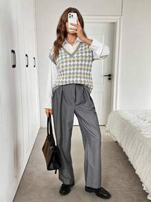 SHEIN LUNE Áo len chui đầu họa tiết kẻ caro cổ điển, màu sắc tương phản, thiết kế cá tính, thời trang thu đông mới cho nữ - Nhiều màu - Xem 3